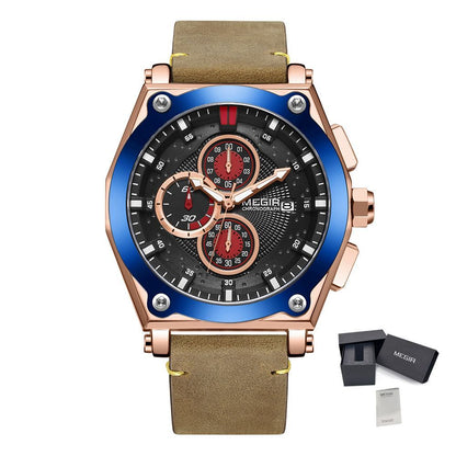 MEGIR Luxury Quartz Men Watch Multifunction Leather Strap Sport Chronograph Waterproof Man Wristwatch Clock Montre Homme 2098