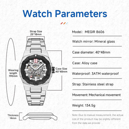 MEGIR Skeleton Dial Mechanical Watches for Men Luxury Business Wristwatch Stainless Steel Waterproof Automatic Watch Clock 8606
