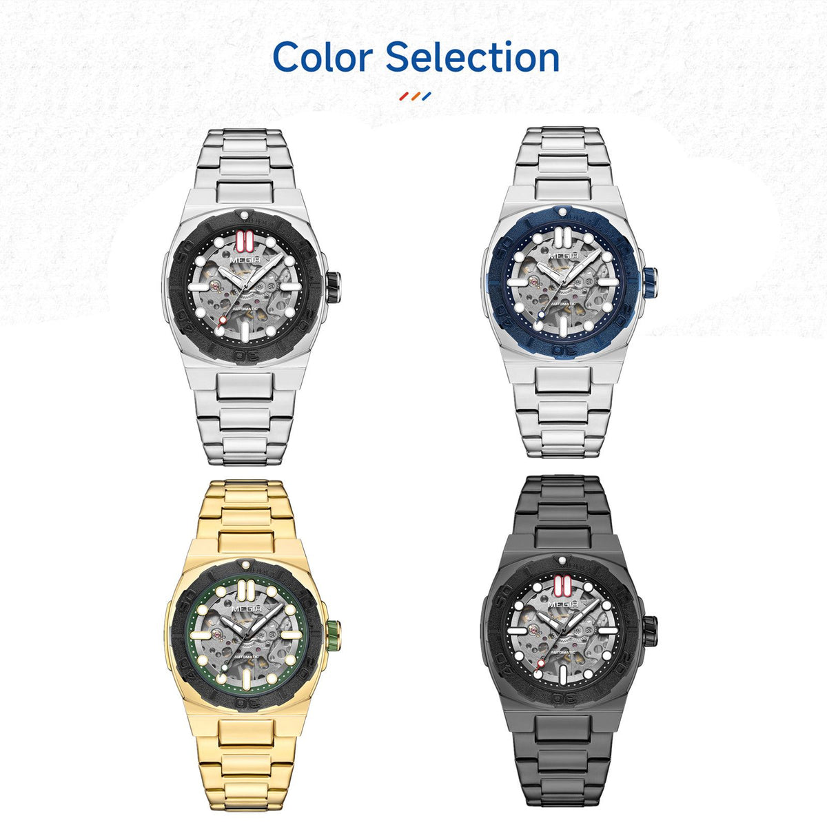 MEGIR Skeleton Dial Mechanical Watches for Men Luxury Business Wristwatch Stainless Steel Waterproof Automatic Watch Clock 8606