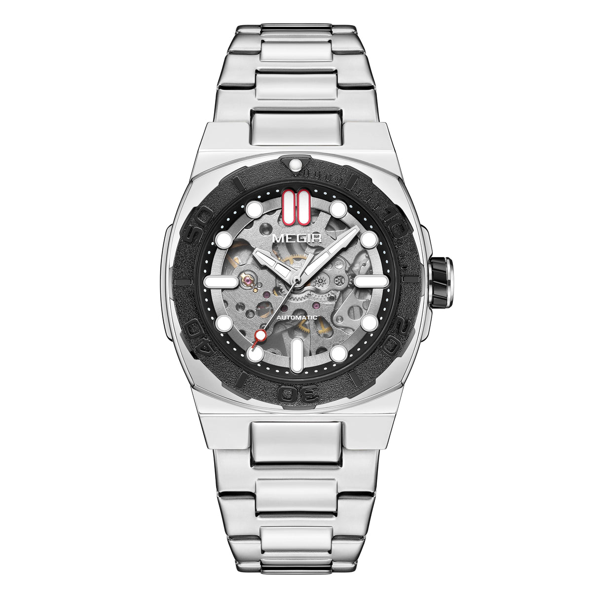 MEGIR Skeleton Dial Mechanical Watches for Men Luxury Business Wristwatch Stainless Steel Waterproof Automatic Watch Clock 8606