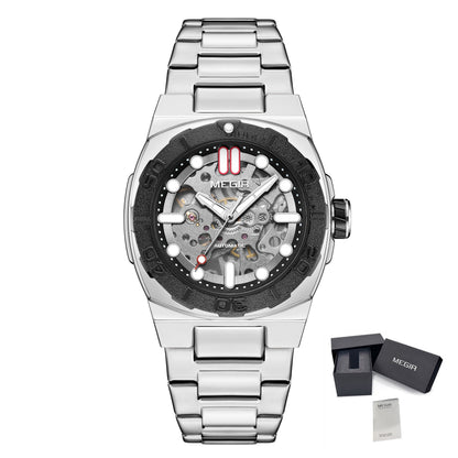 MEGIR Skeleton Dial Mechanical Watches for Men Luxury Business Wristwatch Stainless Steel Waterproof Automatic Watch Clock 8606