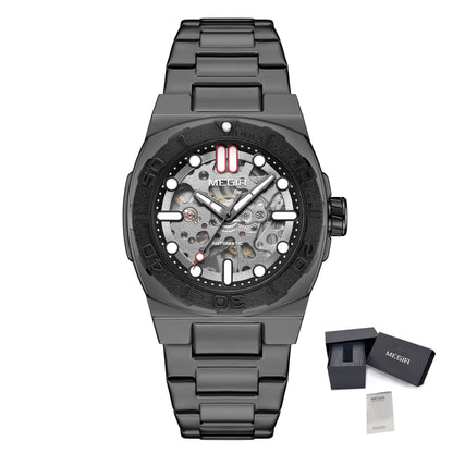 MEGIR Skeleton Dial Mechanical Watches for Men Luxury Business Wristwatch Stainless Steel Waterproof Automatic Watch Clock 8606