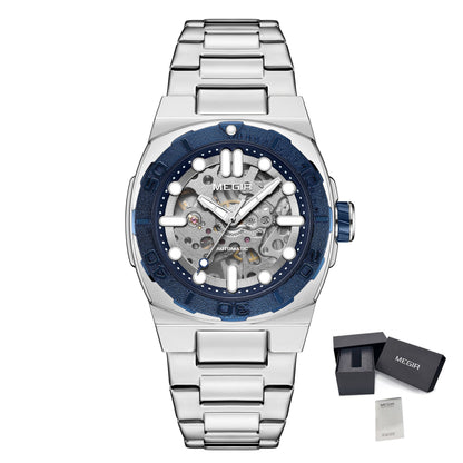 MEGIR Skeleton Dial Mechanical Watches for Men Luxury Business Wristwatch Stainless Steel Waterproof Automatic Watch Clock 8606