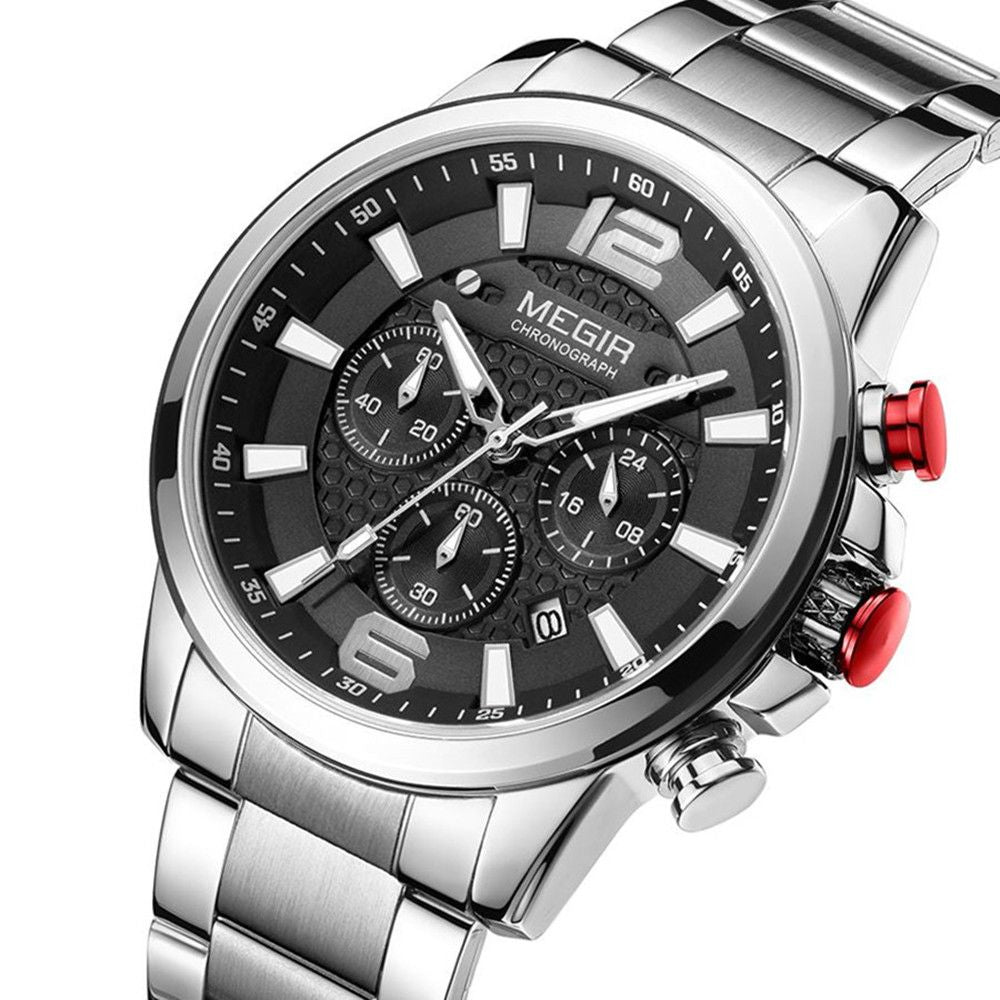 MEGIR Luxury Business Men Watch Fashion Quartz Sport Chronograph Luminous Waterproof Calendar Stainless Steel Male Wristwatch 2156