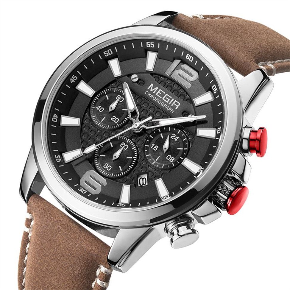 MEGIR Luxury Business Men Watch Fashion Quartz Sport Chronograph Luminous Waterproof Calendar Stainless Steel Male Wristwatch 2156