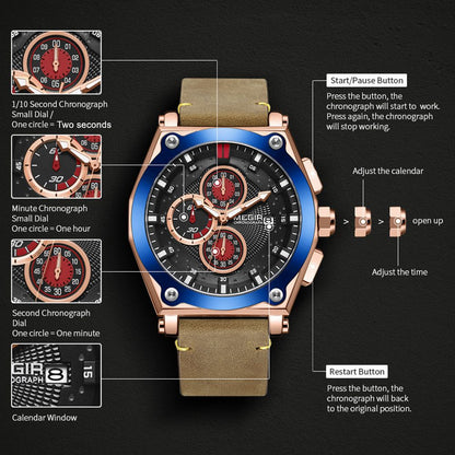 MEGIR Luxury Quartz Men Watch Multifunction Leather Strap Sport Chronograph Waterproof Man Wristwatch Clock Montre Homme 2098