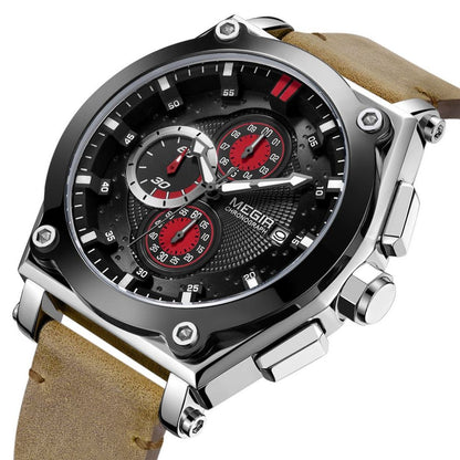 MEGIR Luxury Quartz Men Watch Multifunction Leather Strap Sport Chronograph Waterproof Man Wristwatch Clock Montre Homme 2098