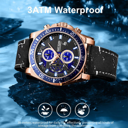 MEGIR Fashion Watches for Men Leather Strap Sport Military Wristwatch Man Quartz Watch Waterproof Chronograph with Calendar 2132
